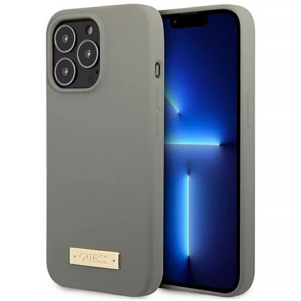 Etui iPhone 13 | 13 Pro Guess Silicone Logo Plate Grey with MagSafe (GUHMP13LSPLG)